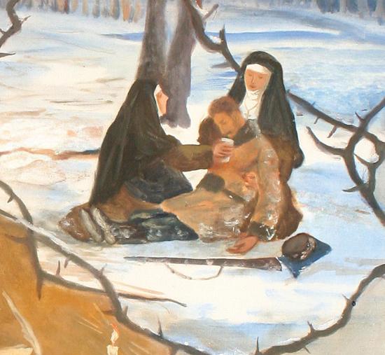 closeup of artwork depicting two nuns in wintery forest providing care to an ailing man
