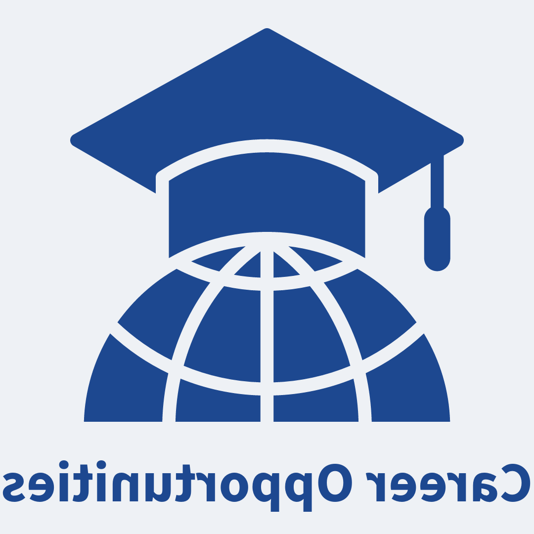 A graphic of a globe wearing a graduation cap that says career opportunities. All images and text are in Madonna blue. 